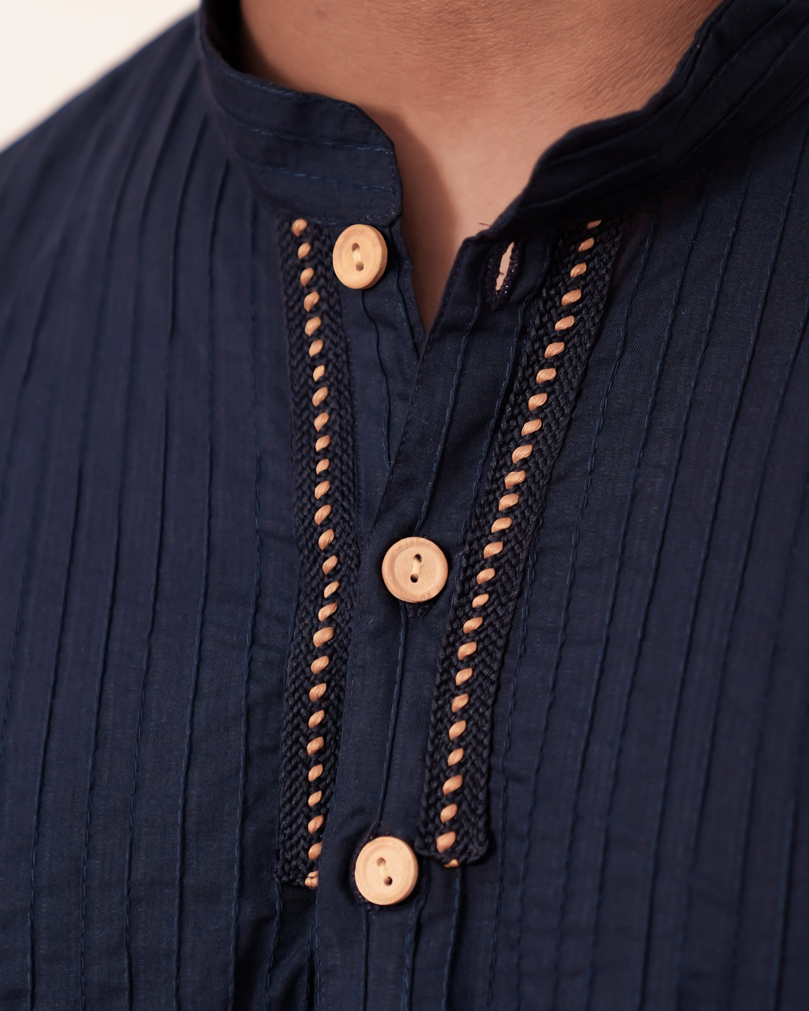 Men’s Deep Blue Cotton Pintuck Short Kurta
