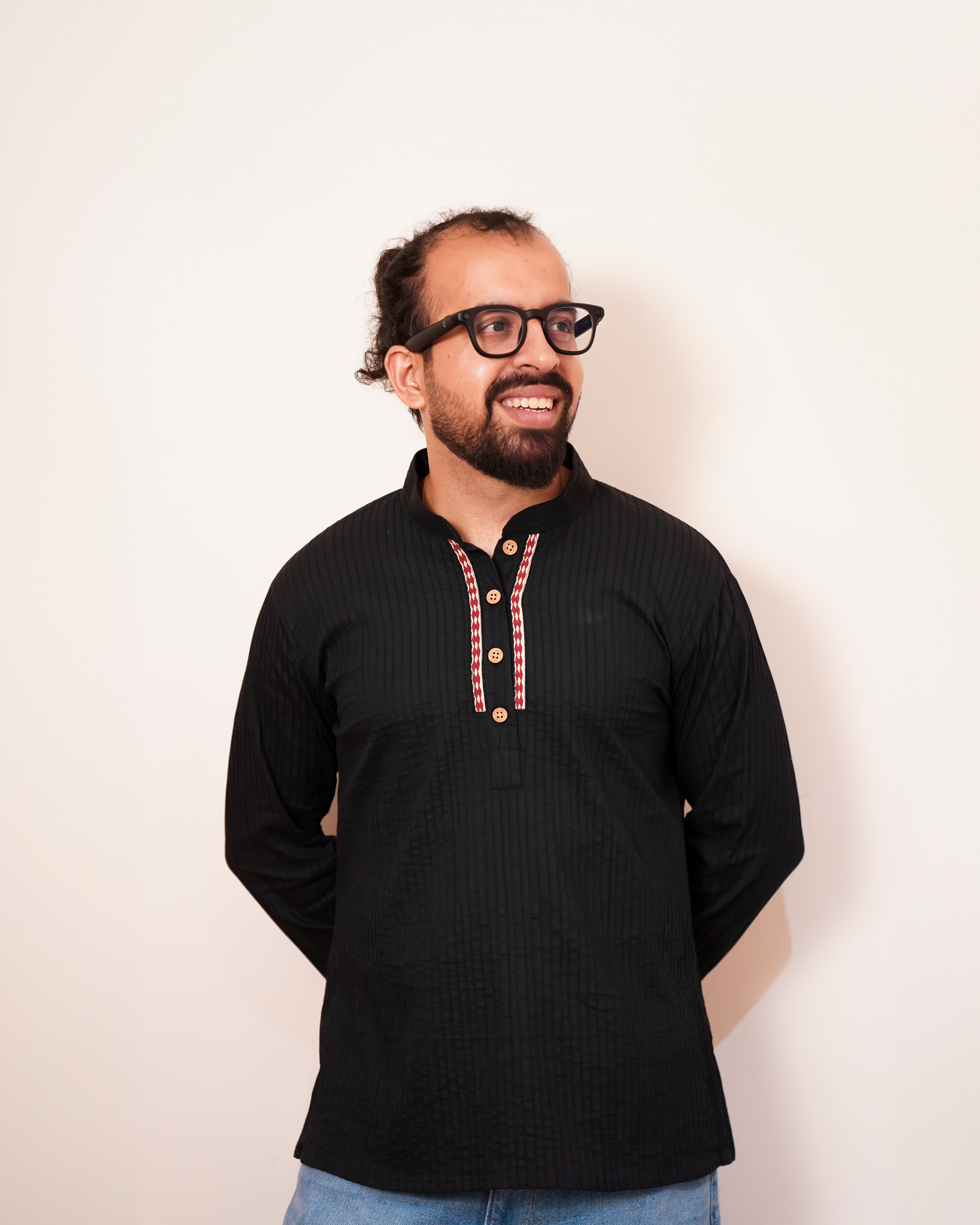 Men’s Black Cotton Pintuck Short Kurta with Block Print
