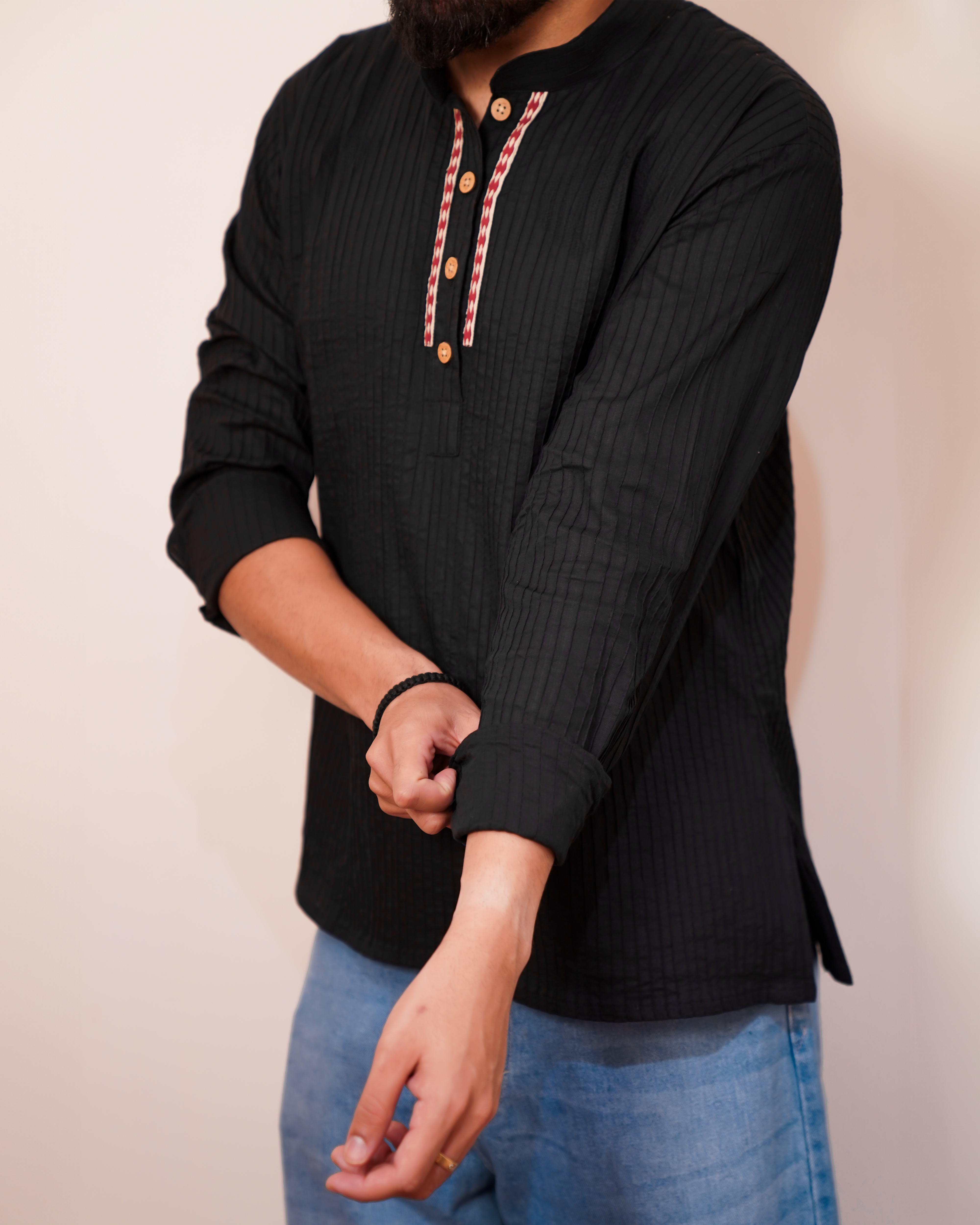 Men’s Black Cotton Pintuck Short Kurta with Block Print