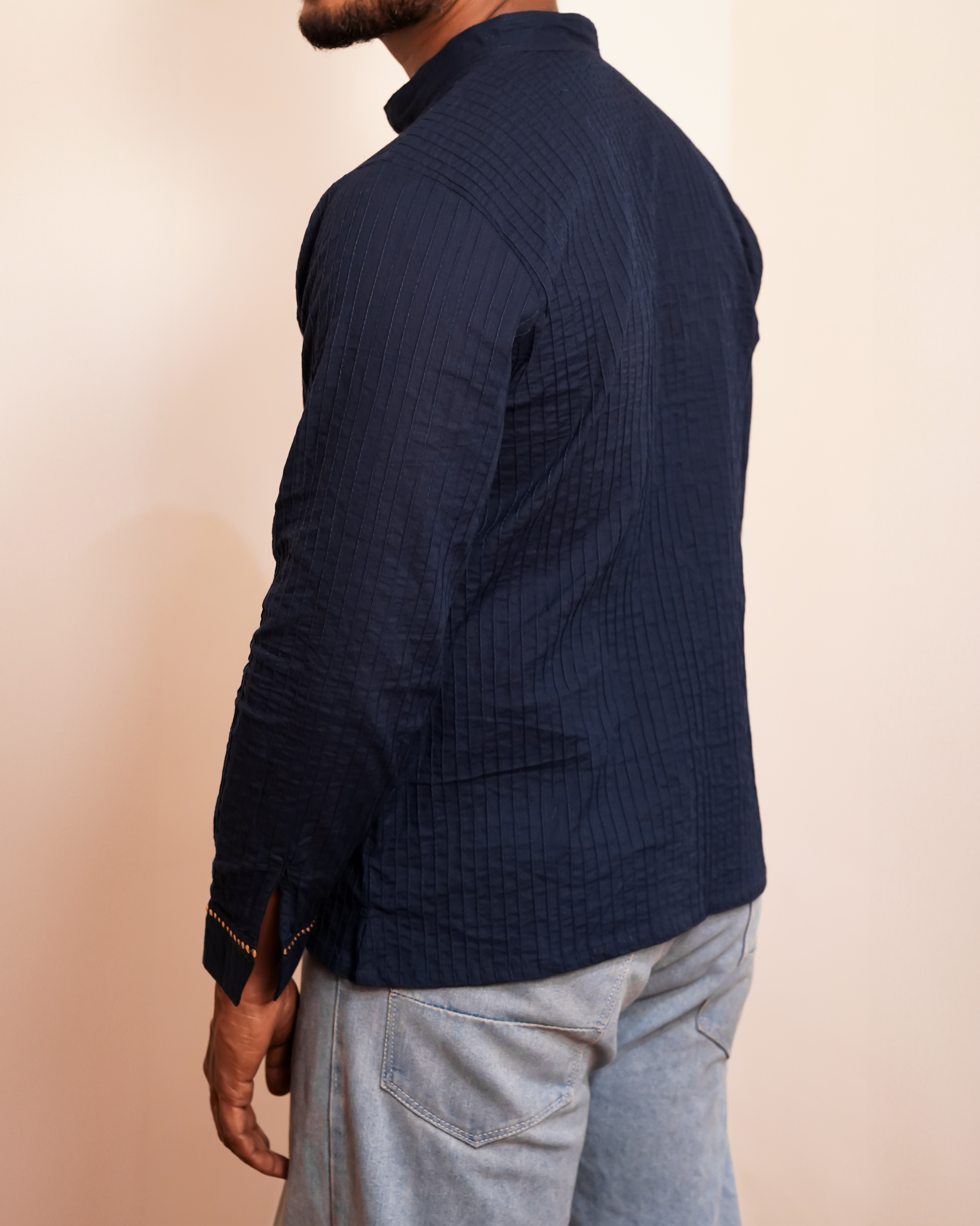 Men’s Deep Blue Cotton Pintuck Short Kurta