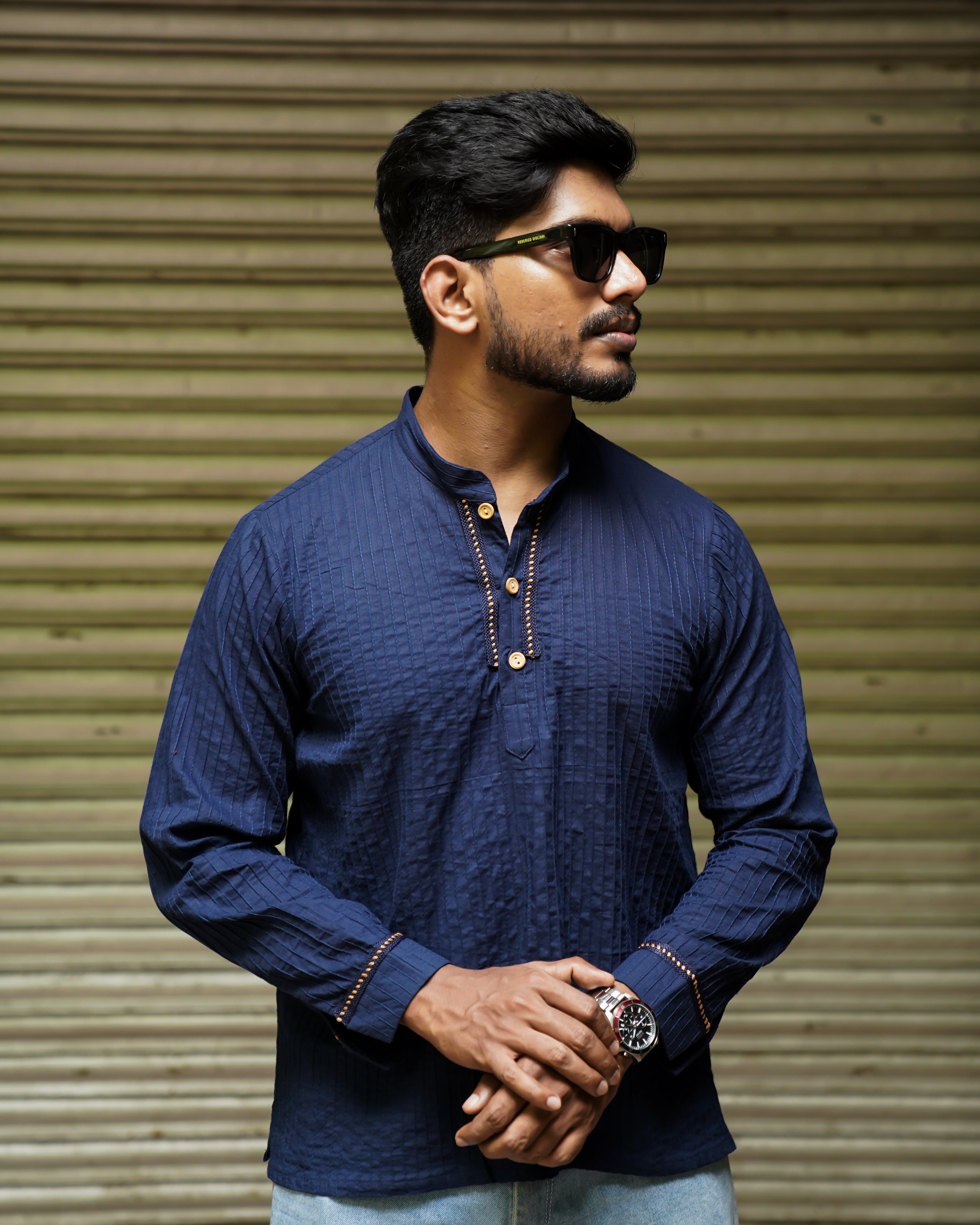 Men’s Deep Blue Cotton Pintuck Short Kurta